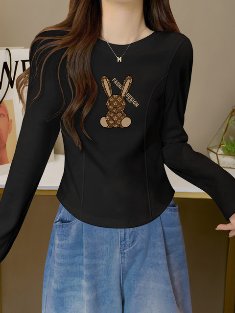 European Trendy Brand Ribbed Cotton Long-Sleeve T-Shirt for Women, New Spring and Autumn Style, Fishbone Design, Slimming, Short Top for Petite Figures