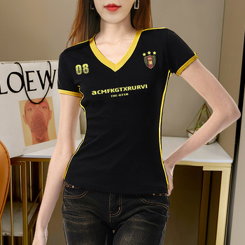 2025 New Retro Hot Girl V-Neck Color-Blocking Printed Short-Sleeve T-Shirt for Women, Summer Sports Slim-Fit Trendy Top