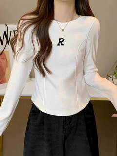 Short long-sleeved t-shirt for women 2025 spring, autumn and winter fishbone inner layering shirt curved short slim slimming top
