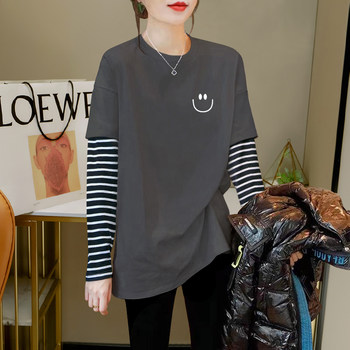 2025 Autumn/Winter New Striped Color-Block Fake Two-Piece Long-Sleeve T-Shirt for Women, Loose Fit, Hip-Covering, Mid-Length, Thickened Top