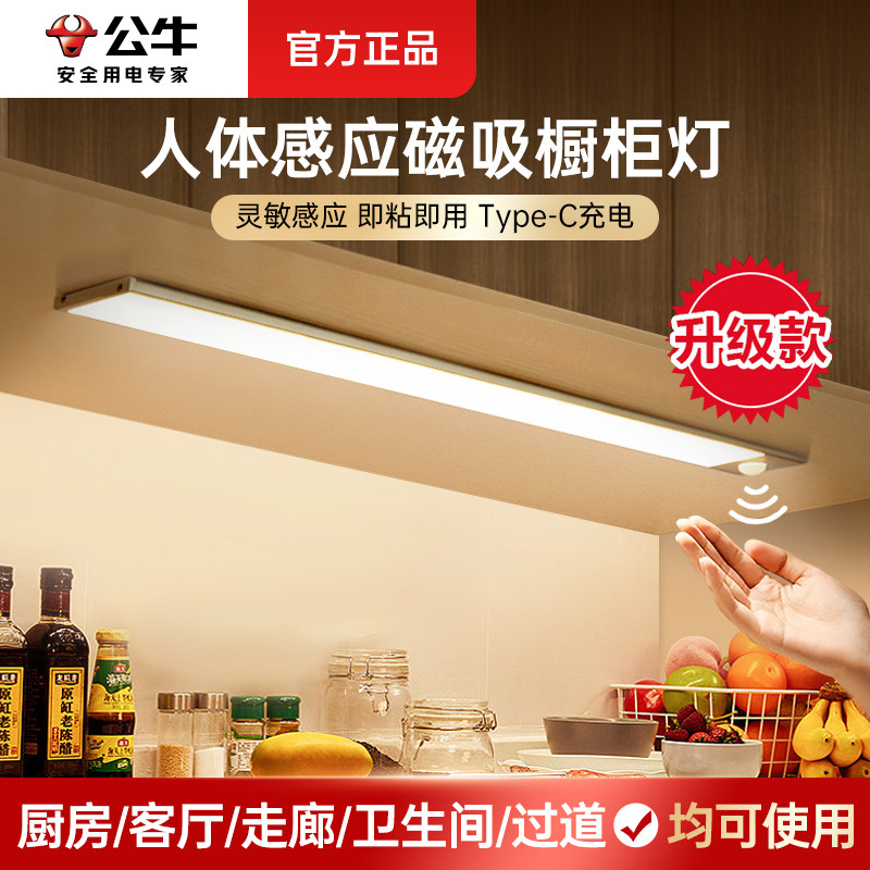 Bull Cabinet Light Home Entrance Door Human Body Induction Lamp Kitchen Rechargeable Cabinet Bottom Wireless Self-Glued Led Light Strip-Taobao