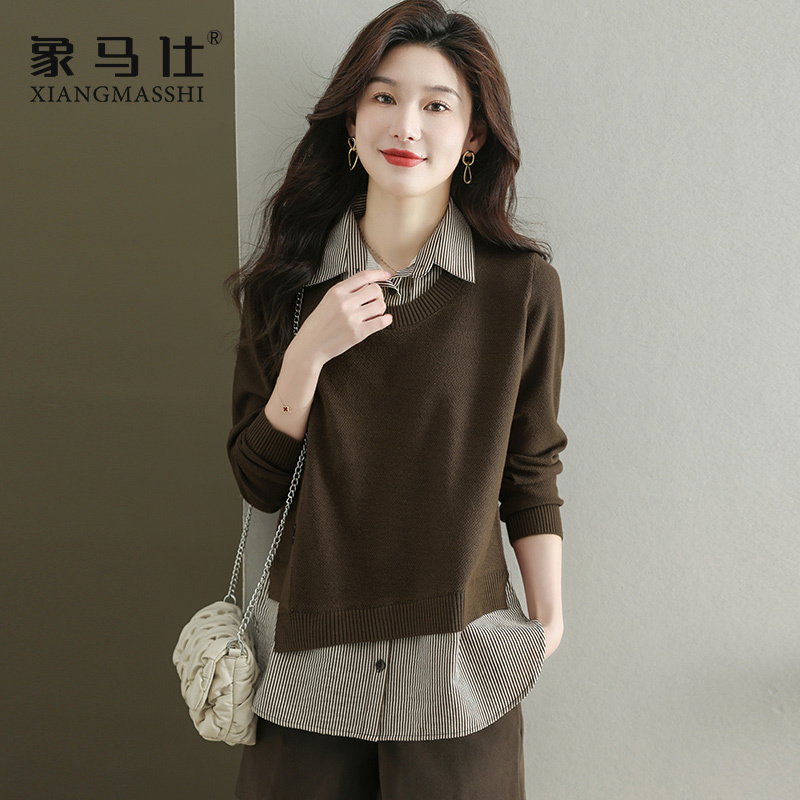 Fashionable and Stylish Knit Sweater for Women, Suitable for Spring, Autumn, and Winter, with a Fake Two-Piece Design, High-End Brand from Guangzhou Thirteen Rows