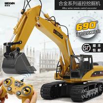 Ultra large number alloy remote control excavator charging electric engineering car little boy children digger 12-ton hook toy