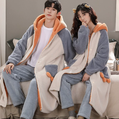 Утепленная коралловая бархатная пижама, фланелевый зимний банный халат, милый комплект, увеличенная толщина, для влюбленных