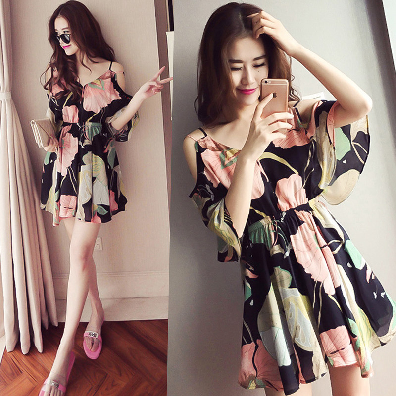 Pregnant woman's summer clothing blouse with long version of Korean version printed with slim loose harness open shoulder V collar snow-spinning ocean