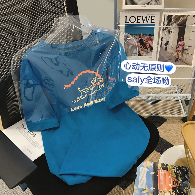 Klein blue puppy printed T-shirt women 2022 summer new loose i Korean short top thin short-sleeved shirt