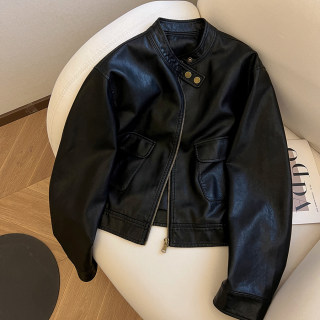 Loose and casual short black leather jacket for women new style