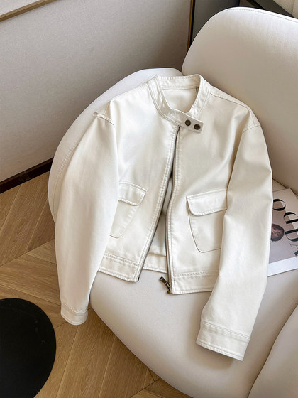 小C家 米白色pu皮短款机车服皮衣女2025春季新款复古潮流夹克外套