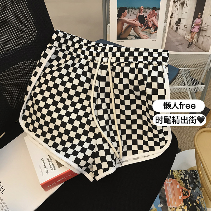 Black and white checkerboard shorts women's 2022 summer new loose outerwear small hot girl sports wide-leg pants