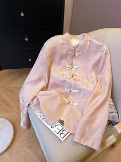 Pink new Chinese style stand collar disc button coat for women