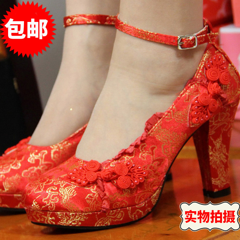 Wedding shoes red high-heeled bridal shoes classical cloth shoes dragon and phoenix satin buckle dress shoes women's shoes mid-heel and low-heel