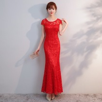 Red bridal toast dress cheongsam 2019 new summer Chinese wedding dress female fishtail cheongsam skirt long section