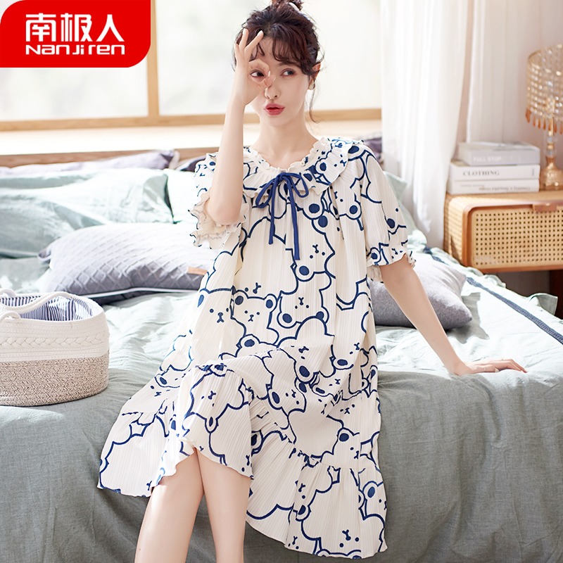 South Pole Sleeping Dress Women's Summer Pure Cotton Short Sleeves Thin 2021 New cuddly large size for summer Lingering pyjamas