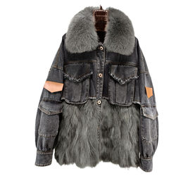 Young short denim parka women's 2023 winter new style real fox raccoon fur coat down jacket coat