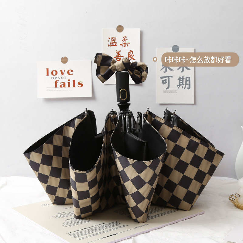 Lvаfgнinslv Color Matching Checkerboard Pattern Fully Automatic Dual-Use Umbrella for Women, Foldable, Black Coating, Sun Protection, Sunshade Lvаfgнinslv Color Matching Checkerboard Pattern Fully Automatic Dual-Use Umbrella for Women, Foldable, Black Coating, Sun Protection, Sunshade