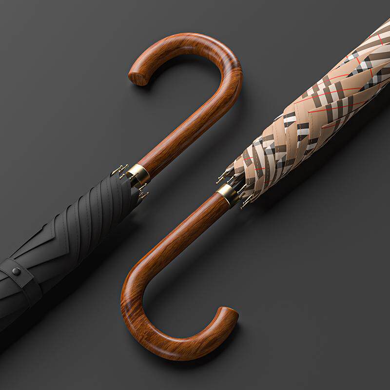 Lvаfgн Umbrella Small Double Umbrella for Men Business British Retro Plaid Gentleman Long Handle Double-Layer Curved Wooden Handle