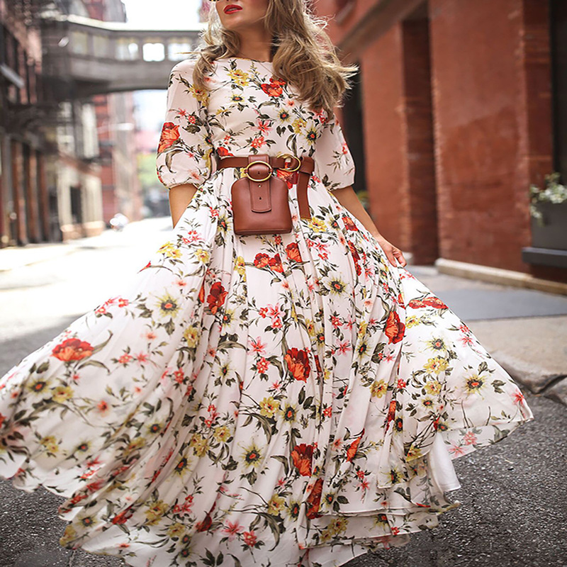 Print Chiffon Floral Slim Fit Long Skirt Dress European and American Printed Dress