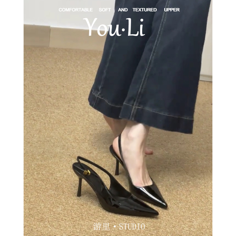Light Mature Style Black Patent Leather Pointed Toe Shallow Mouth Back Strap Stiletto High Heels, Feminine and Professional Work Shoes