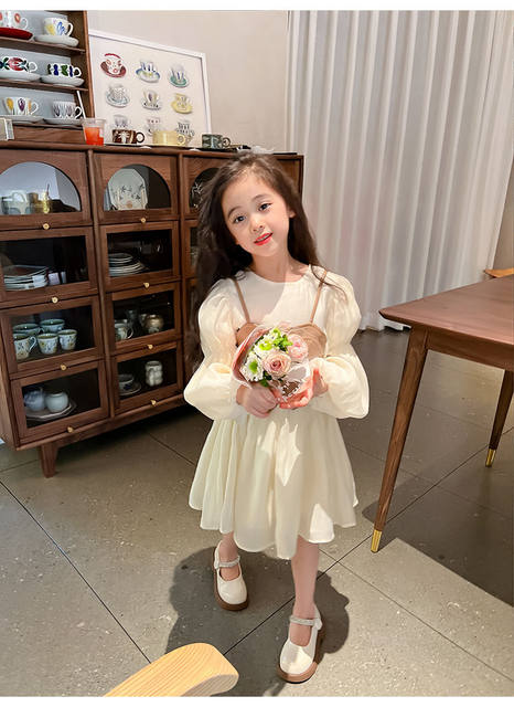 Girls dress autumn 2022 new Korean version of the Western style children's leather vest long-sleeved little girl princess dress