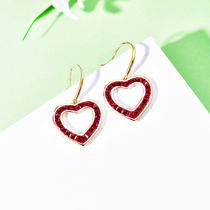 Mühist jewelery II shop 18K gold without side inlaid ruby ear nail dove blood red heart-shaped color treasure ear hook lady