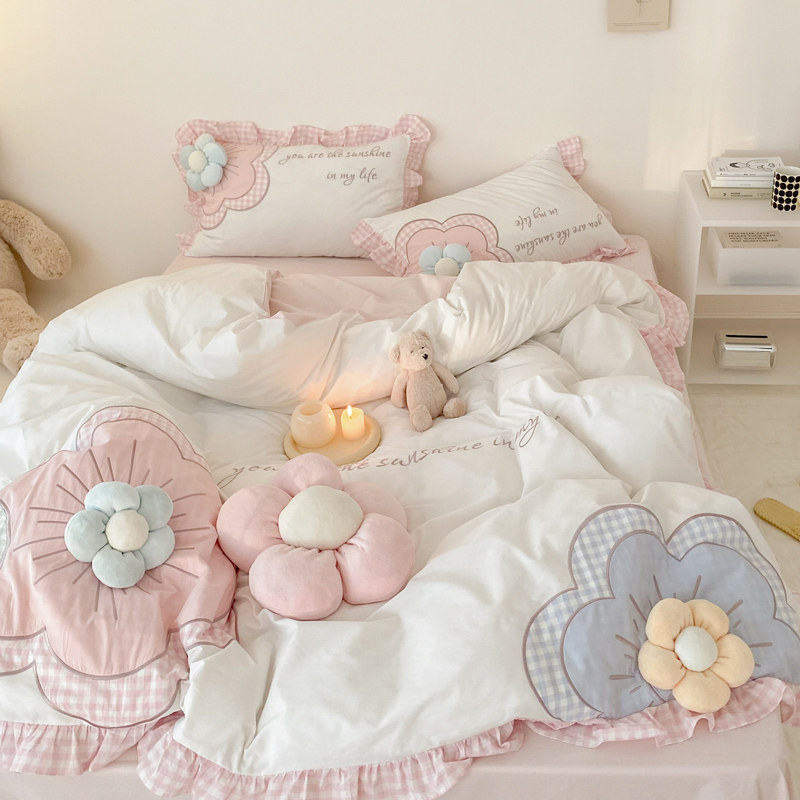 Korean Princess Style Three-dimensional Flower Four-piece Set Cotton Washed Cotton Girl Heart Bedding Pure Cotton Sheet Quilt Cover