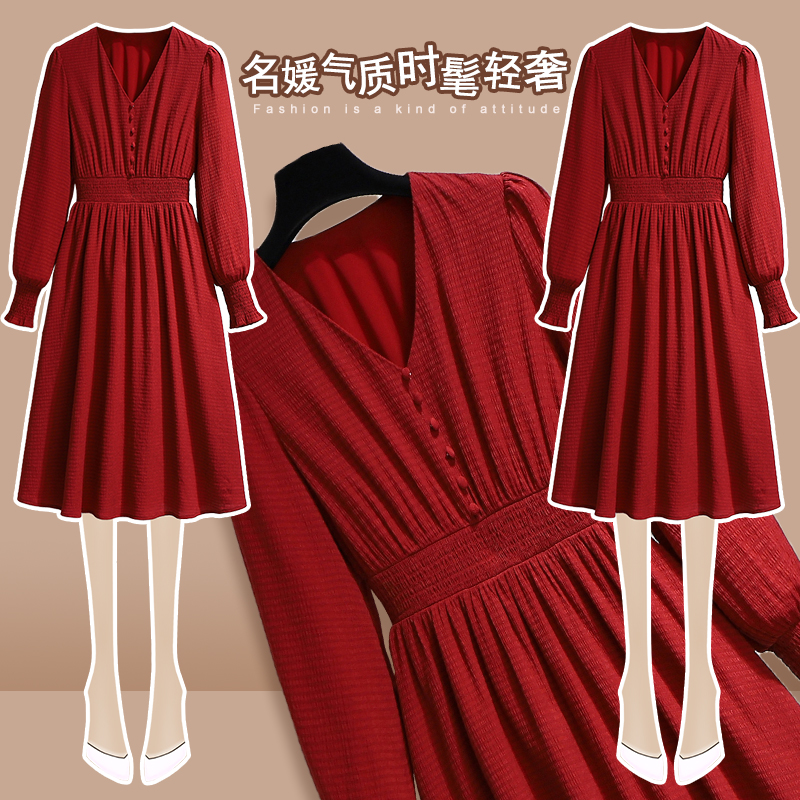 Wine Red V Collar Snowspun Ocean Dress 2022 Early Spring Women's Clothing Collection Waist Display Slim Fit Style Vintage Heben Dress Sashimi