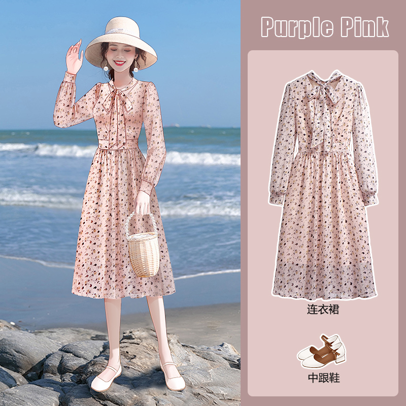 Snowspun Crushed Flowers Foreign Dress in Long Edition Body Pink 2022 Early spring women's dress V Collar Cover for the Thin Ocean Pie