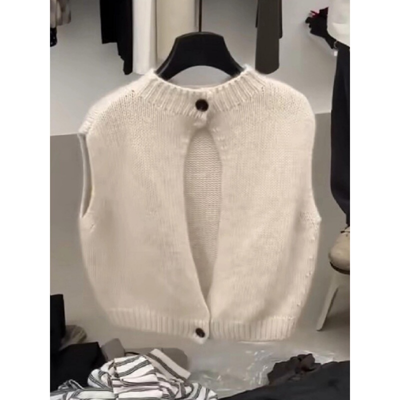 European Style White Knitted Sweater Cardigan Vest with Hollow Back for Women, Suitable for Layering in Autumn and Winter, Sleeveless Top