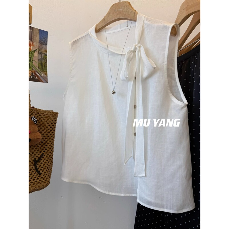 European Niche Chic White Bow Linen Sleeveless Shirt Women's Summer Fashion Simple Waistcoat Top