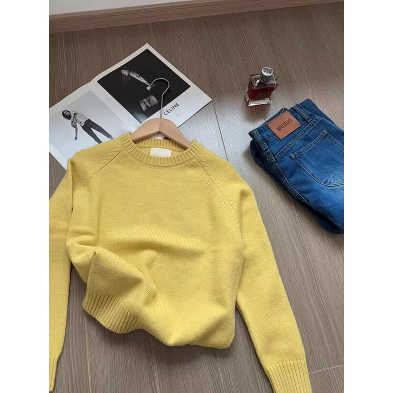 Korean Style High-End Simple and Super Pretty Yellow Pullover Sweater for Women, Autumn and Winter Lazy Style Short Knit Top
