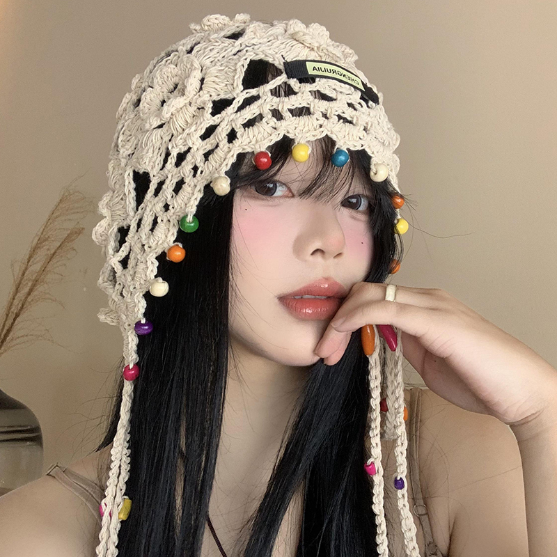 Bohemian Flower Tassel Braided Hood for Women, Retro Cut Out Ethnic Style Hood, Hand Knitted Hat Bohemian Flower Tassel Braided Hood for Women, Retro Cut Out Ethnic Style Hood, Hand Knitted Hat