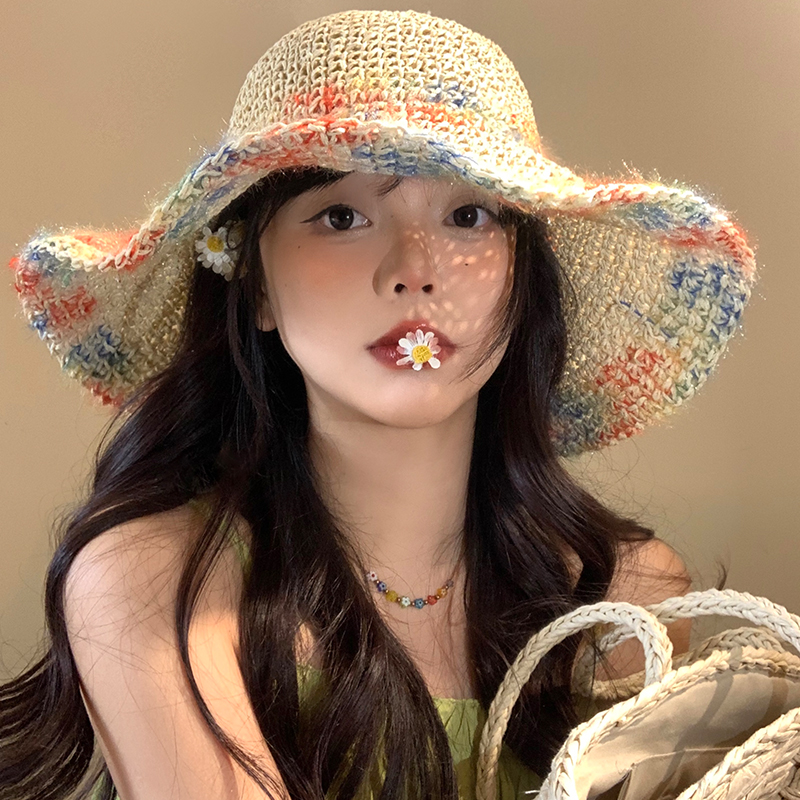カラフルな編み込み麦わら帽子、女性用、夏、海辺、休暇、日焼け防止、通気性、中空、大きなつば、顔に小さな帽子