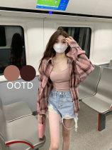 Plaid sunscreen shirt woman shawl outer lap 2022 new 100 hitch blouses blouses jacket lins