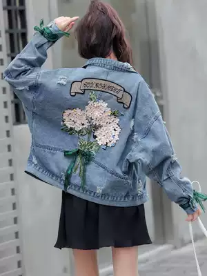 Embroidered flower denim jacket women's 2021 new loose Korean BF wind loose student denim coat short top