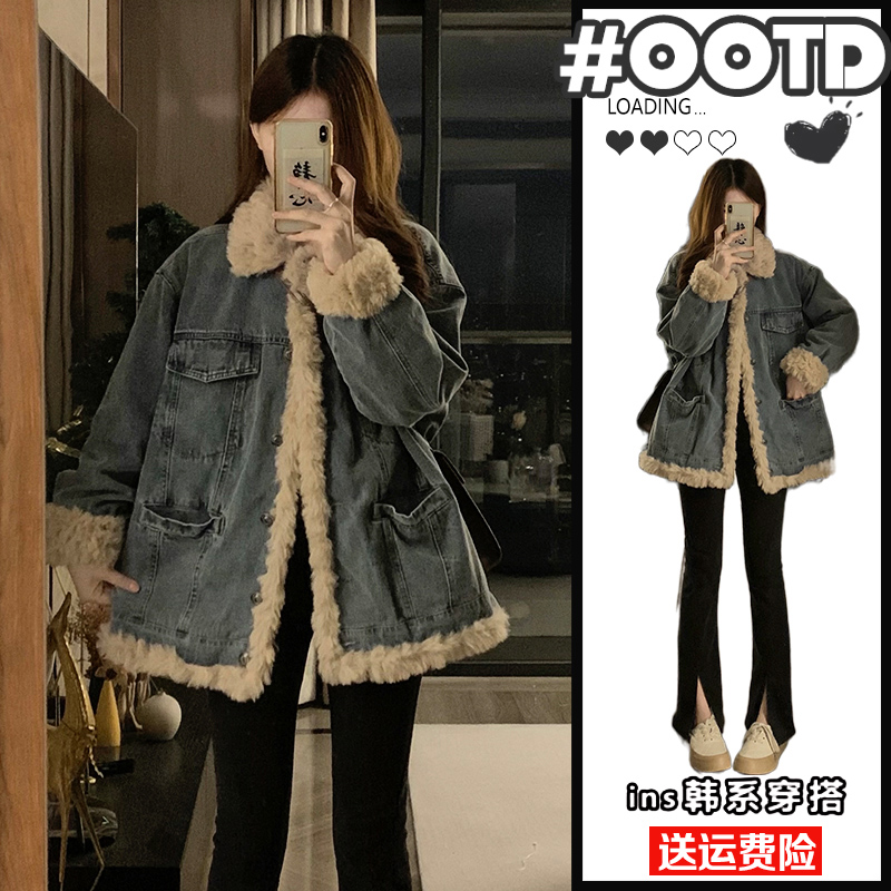 Lamb Hair Denim Jacket Woman Autumn winter 2023 New popcorn Loose Cotton Clothing Suit Little Subthickened Cotton Padded Jacket-Taobao