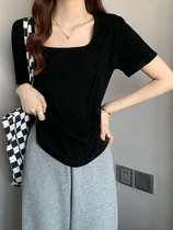Black square collar short sleeve t-shirt female summer design sensation small crowdsourced compassionate summer new irregular workout blouse