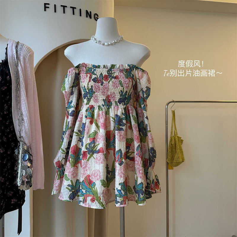 Plus Size 150kg French-Style Off-Shoulder Long-Sleeve Shirt for Women, Autumn Oil Painting Print Puff Sleeve Slim-Fit Top Plus Size 150kg French-Style Off-Shoulder Long-Sleeve Shirt for Women, Autumn Oil Painting Print Puff Sleeve Slim-Fit Top