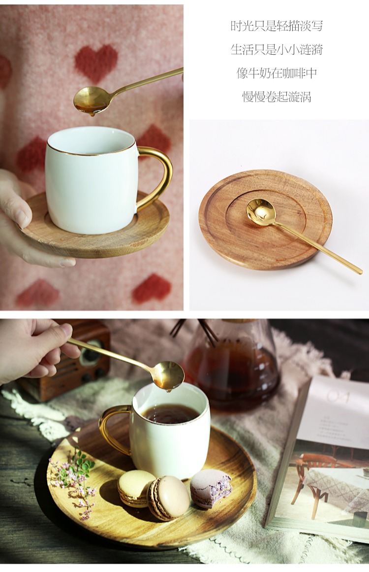 Cốc cà phê gốm châu Âu và đĩa đặt hộ gia đình đơn giản Trà chiều trà cốc hoa cốc với thìa tráng miệng bằng gỗ Tấm gỗ - Tấm đĩa gỗ đẹp