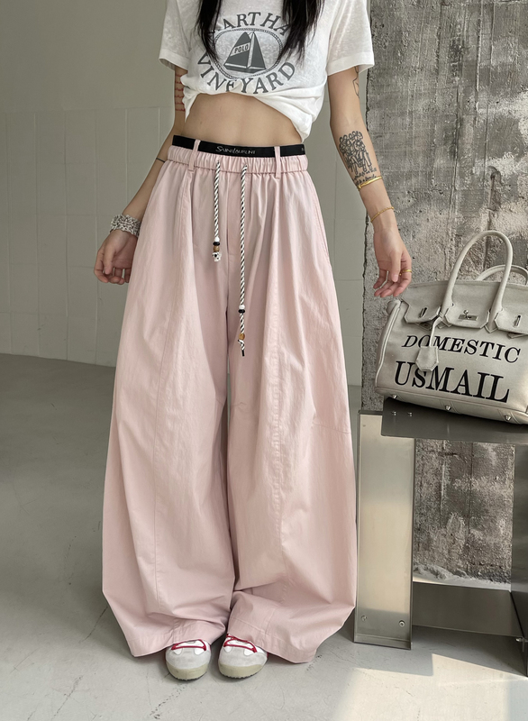 Weimao 26860 Spring and Summer Washed Cotton Casual Pants with Elastic Waist, Extended Length, Stylish and Breathable Women's Wide-Leg Pants