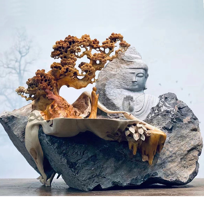Cliff cypress porch new Chinese Zen decoration home wood carving root carving crafts bouldering landscape figures follow-shaped Buddha statues