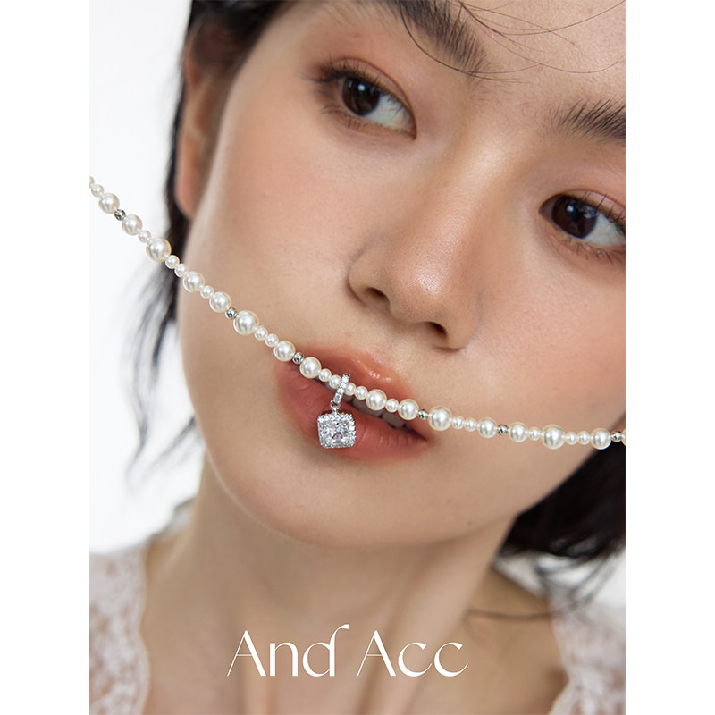 And Acc双色可选方糖镶钻水晶珍珠气质项链手工大小间隔锁骨链女
