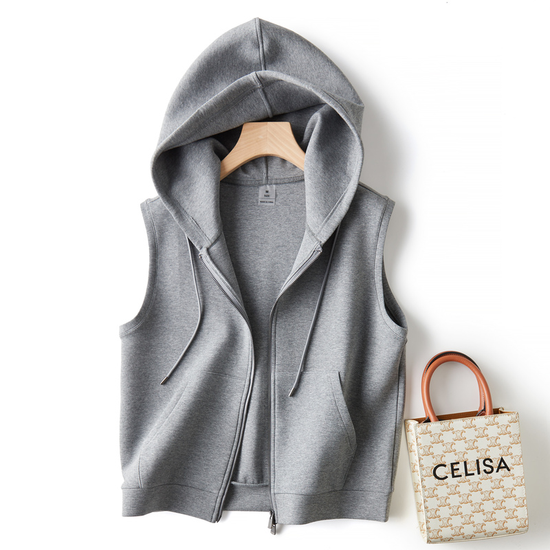 Cost-Effective Item, Versatile for All Seasons, Double-Zip Casual Hooded Wrinkle-Resistant Air Cotton Sleeveless Sweatshirt Jacket for Women in Spring