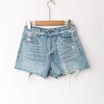 ໂສ້ງຂາສັ້ນ denim wool hem ມີສາຍແອວທີ່ຫຍຸ້ງຍາກ
