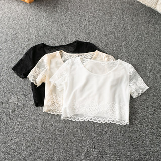 夏季外贸韩版新款  休闲时尚 简约  短款圆领短袖套头蕾丝衫19620