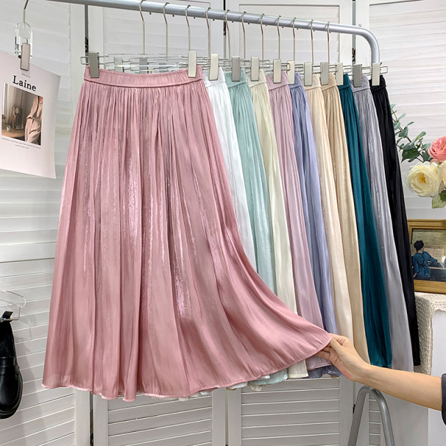 High-quality glossy pearlescent streamer chiffon pleated skirt women's summer retro western style mid-length a-line skirt