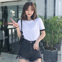 Loose t-shirt womens short-sleeved cotton base shirt top womens pure white inside with 2020 new t-shirt black and white stitching outside