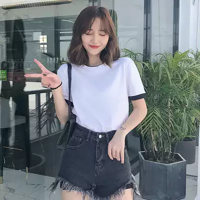 Loose T-shirt women's short-sleeved cotton inner jacket top women's pure white inner 2020 new T-shirt black and white stitching outer wear