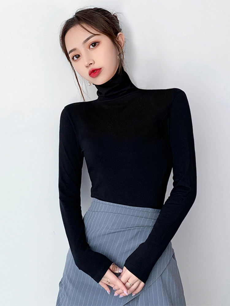 Black turtleneck base shirt women's inner tie autumn and winter thin long-sleeved T-shirt tight top pile of pure cotton net red ins tide