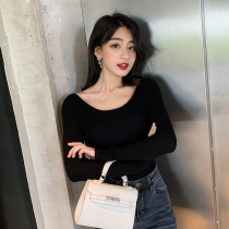 u-neck long-sleeved t-shirt Womens slim slim knitwear Black Korean version of round neck base shirt Large neckline pullover