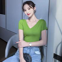 Double v-neck t-shirt womens short-sleeved solid color Korean version cec slim inner tie base shirt 2020 new foreign-style top ins tide